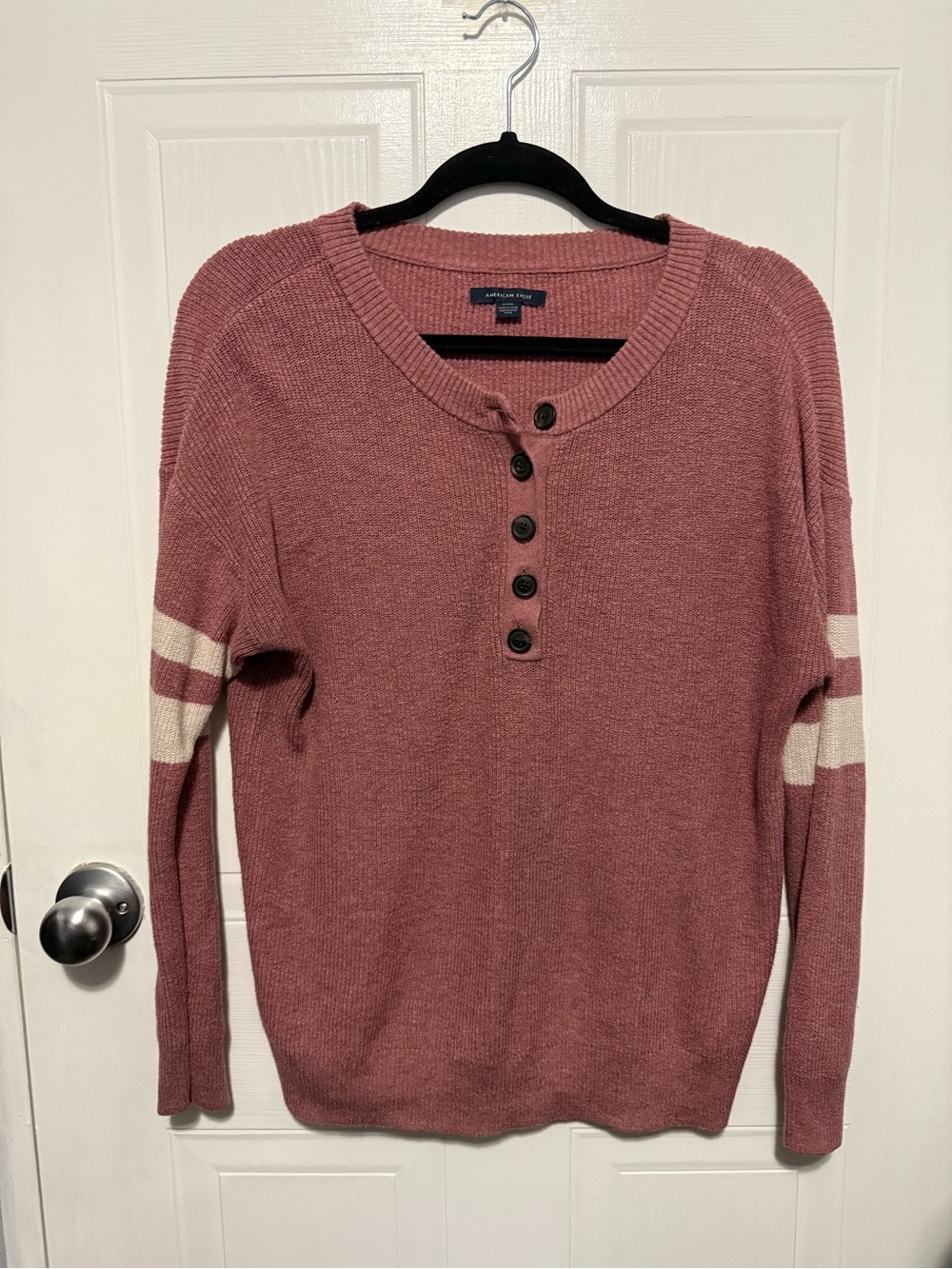 American Eagle Outfitters Dusty Rose Henley Sweater with Cream Stripes